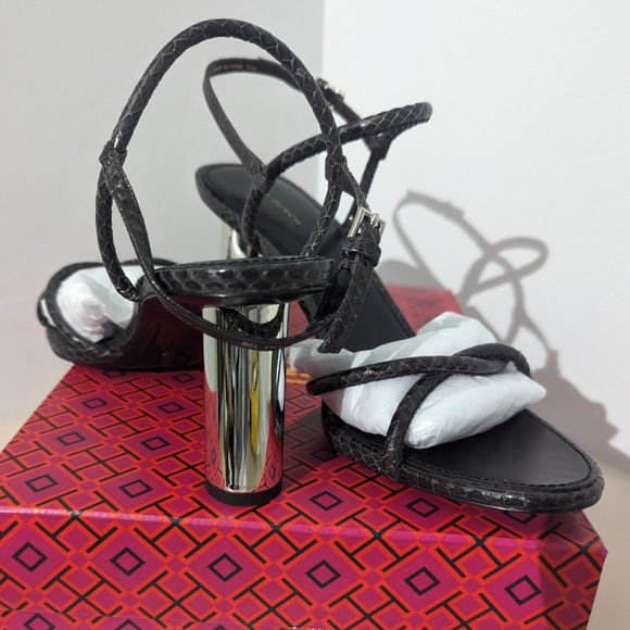 Tory Burch $428 Cylinder Metallic Silver Mirror Heel Sandal - Picture 4 of 9